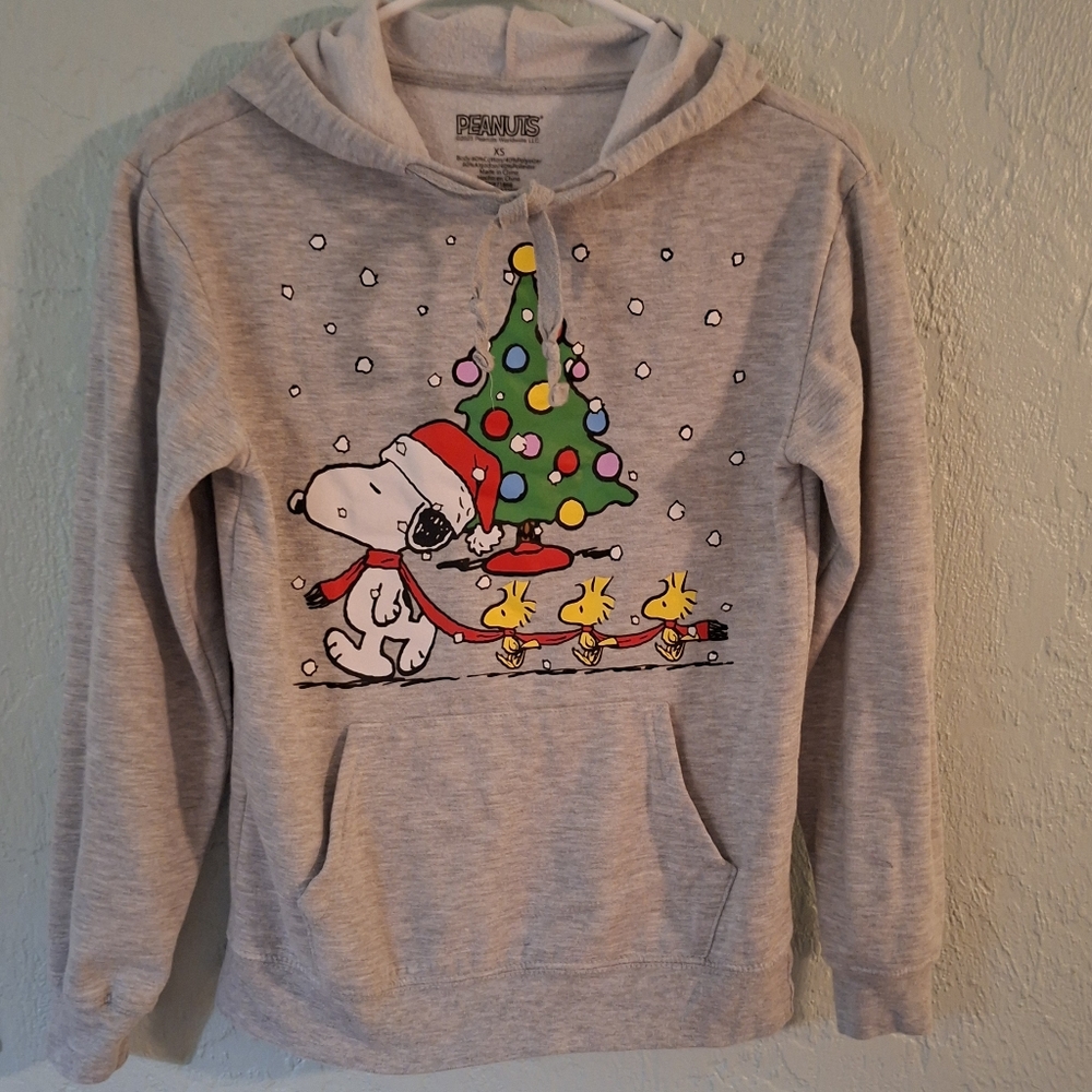 Peanuts Snoopy & Woodstock Christmas Tree Graphic Hoodie Sweatshirt Gray XS
